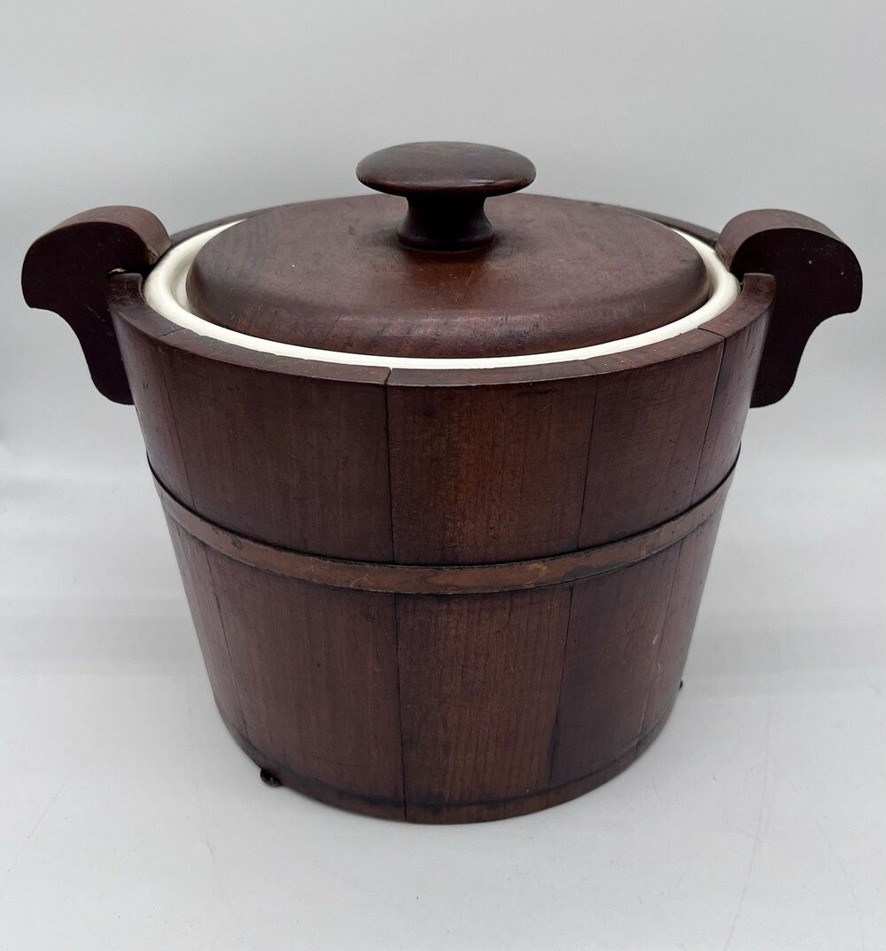 Antique Primitive Porcelain Lined Biscuit Tobacco Jar Ice Bucket Wooden Barrel